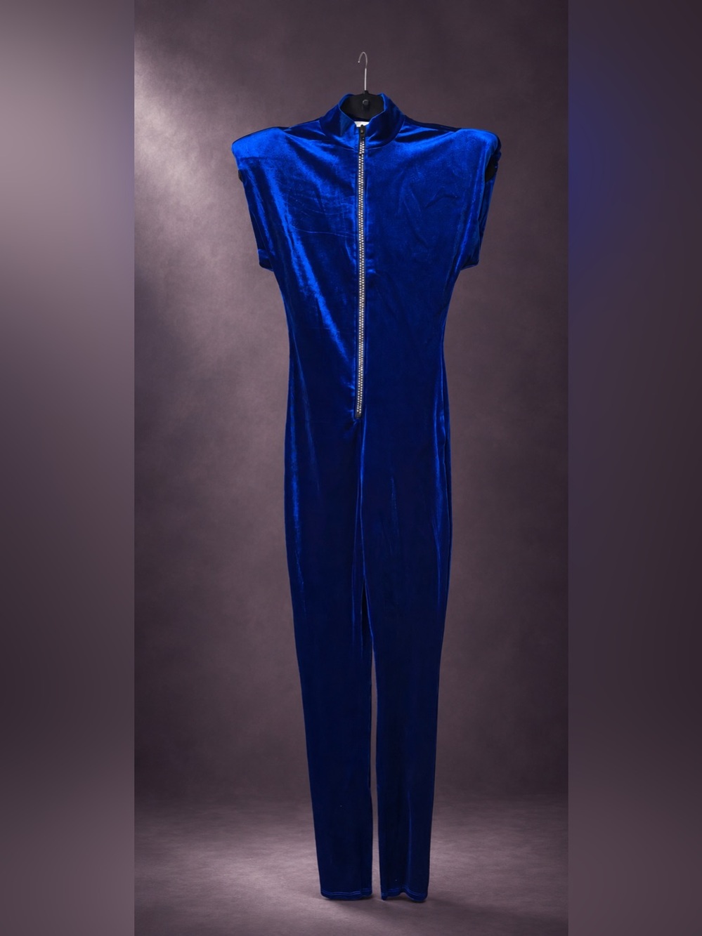 Cherry Mellow Royal Blue Velvet Zip Front Sleeveless Jumpsuit Small Y2K